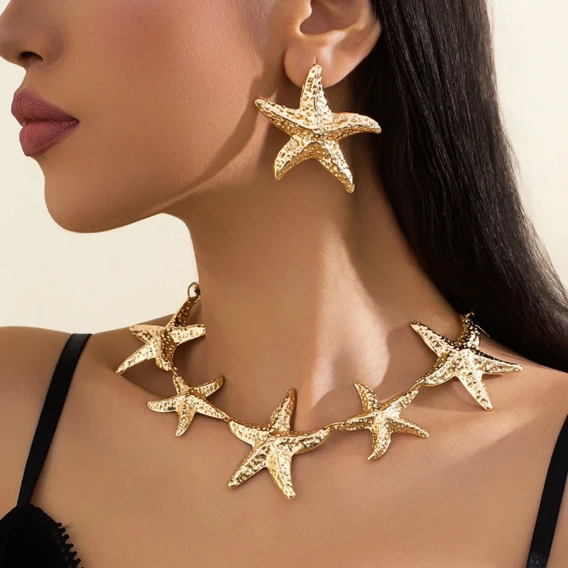 JWER Boho Starfish Pendant Necklace Set Beach Jewelry