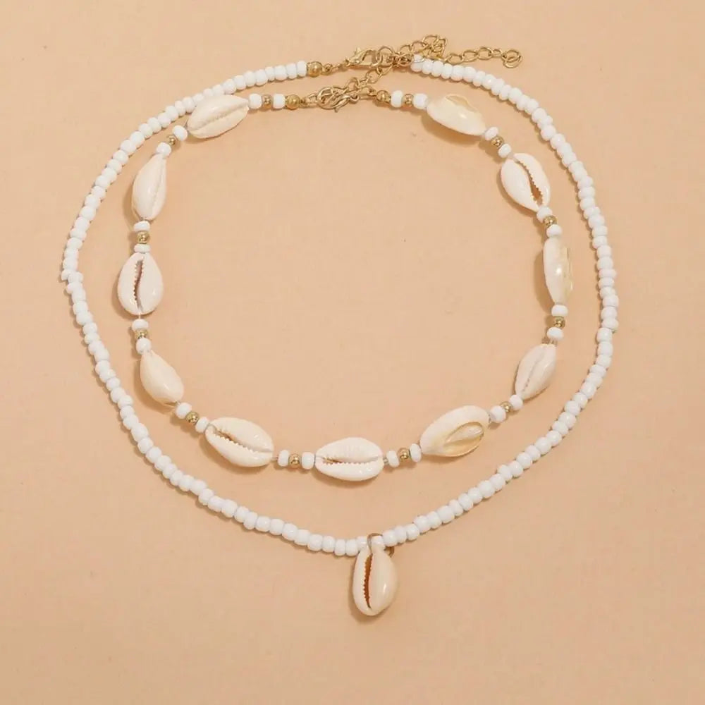 Bohemian Rice Bead Shell Pendant Necklace Multi Layered