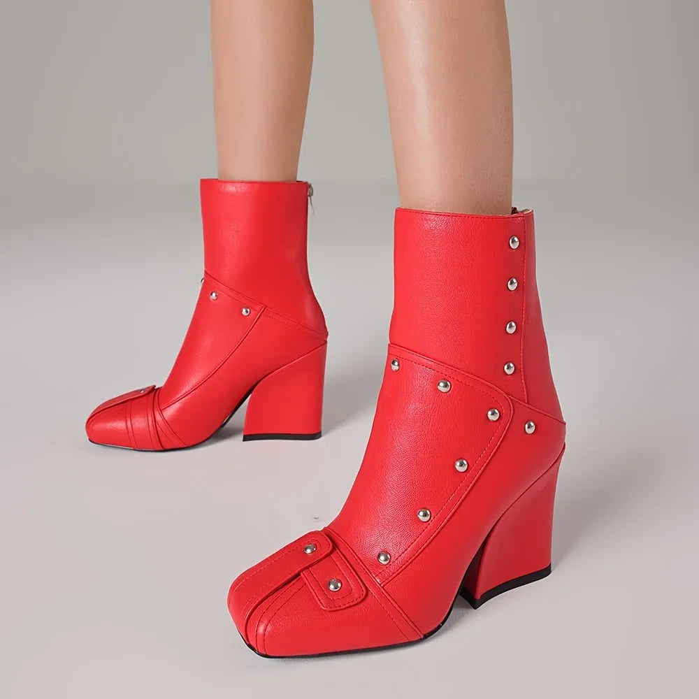 Womens Punk Patchwork Rivet Square Toe Ankle Boots Back Zipper
