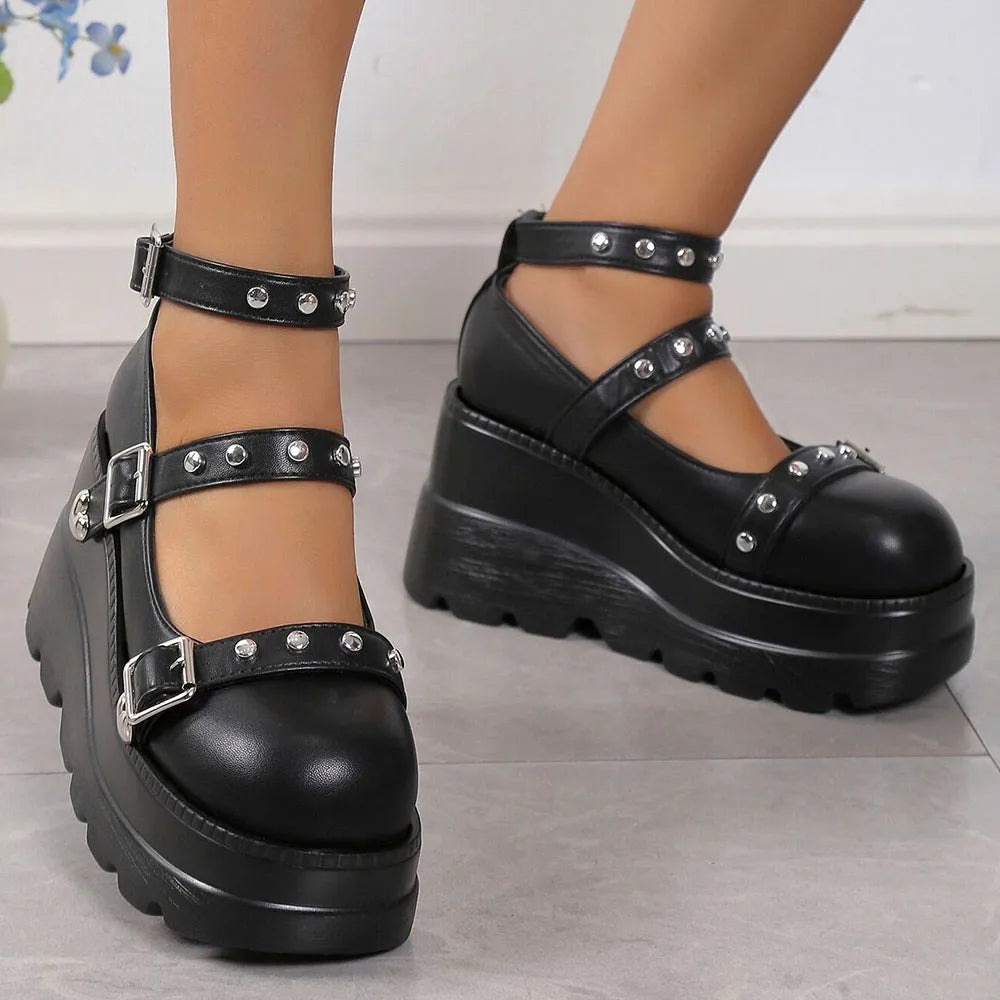 DoraTasia Retro Studded Punk Mary Jane Pumps for Nightclub