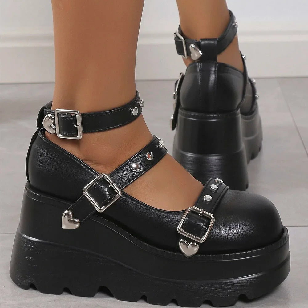 DoraTasia Retro Studded Punk Mary Jane Pumps for Nightclub