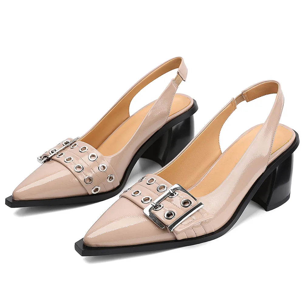 DoraTasia Women Slingback Heels Buckle Strap Pointed Toe Pumps