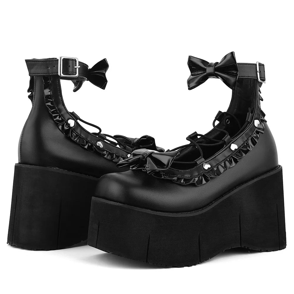 GIGIFOX Lolita Punk Butterfly Knot Platform Wedge Mary Jane Pumps