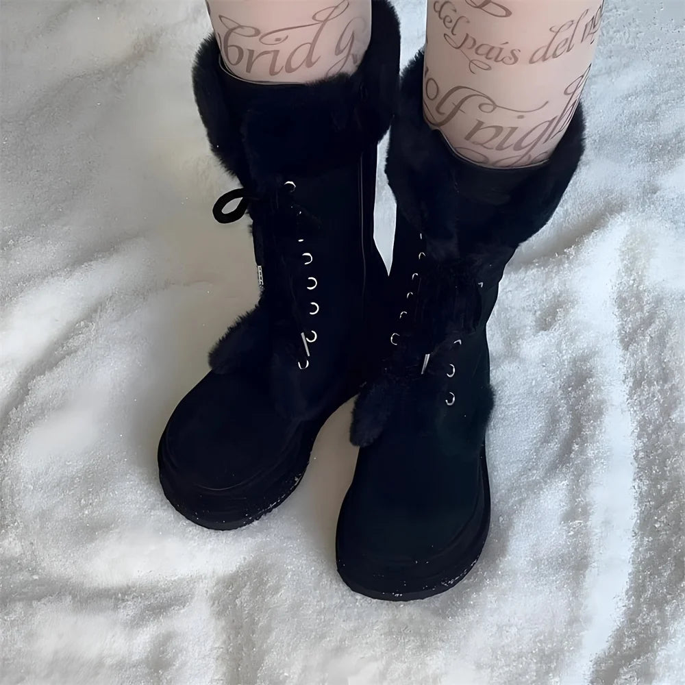 Winter Faux Fur Mid Calf Snow Boots Lace Up Wedges