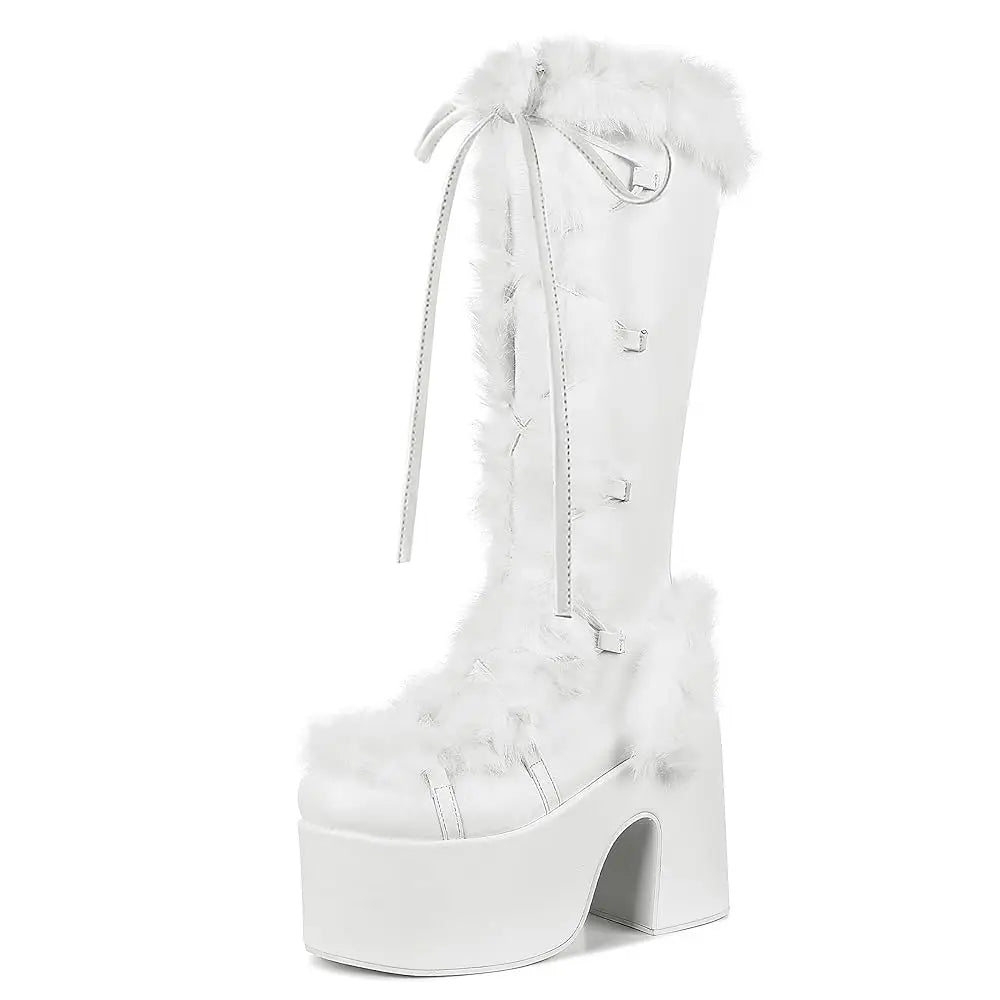 Gigifox Fur Super Chunky Platform Boots Lace-Up For Women