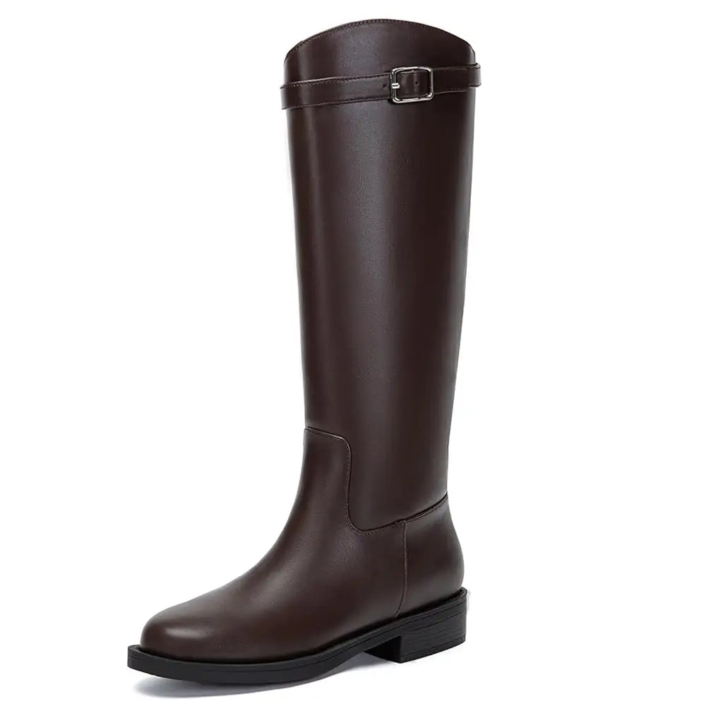 Athlefit Women's Knee High Riding Boots Round Toe Buckle