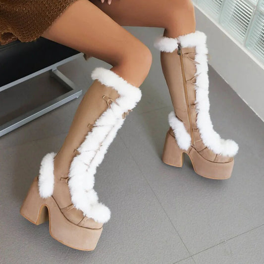 Gigifox Fur Super Chunky Platform Boots Lace-Up For Women