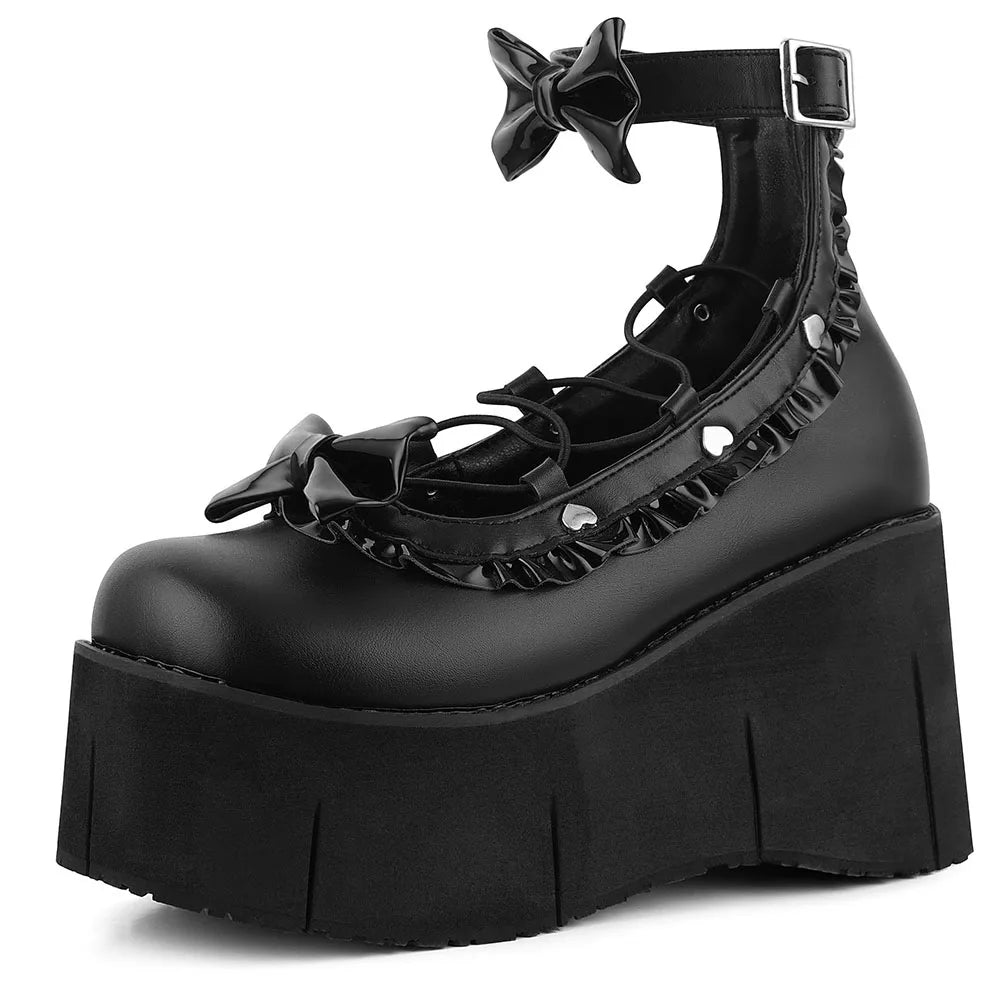 GIGIFOX Lolita Punk Butterfly Knot Platform Wedge Mary Jane Pumps