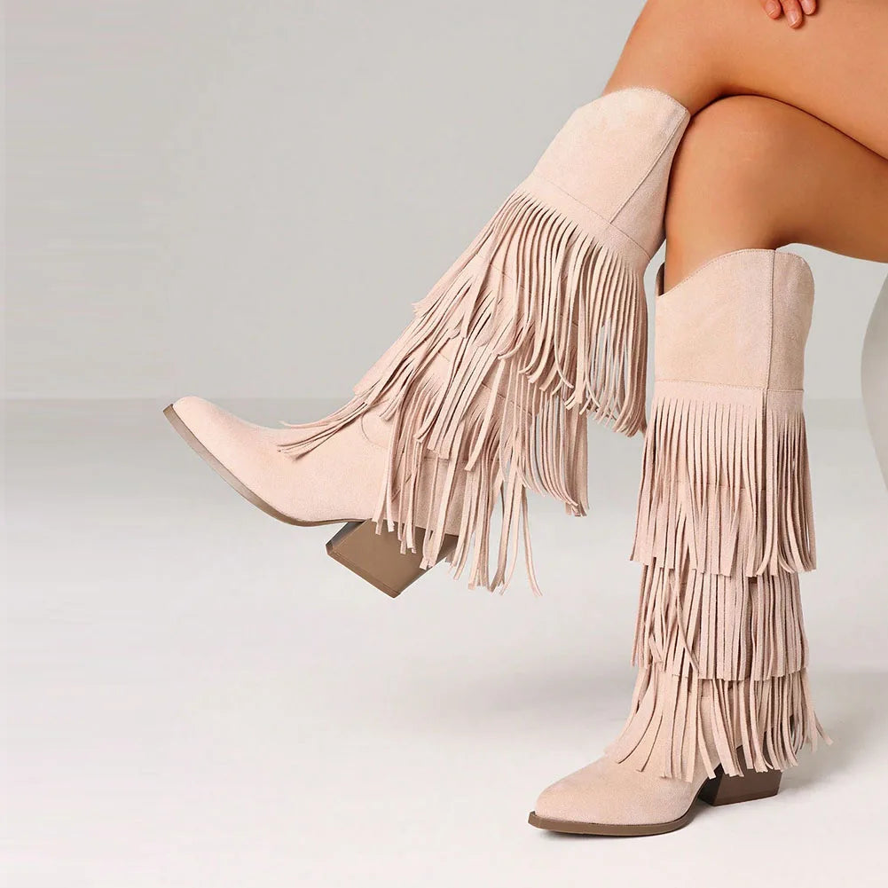 Retro Fringe Knee High Cowboy Boots With Pointed Block Heel