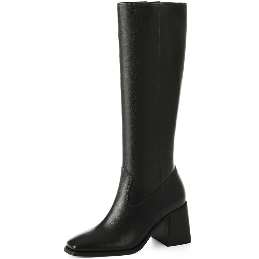 DoraTasia Women Knee High Boots Square Toe Chunky Heel Motorcycle