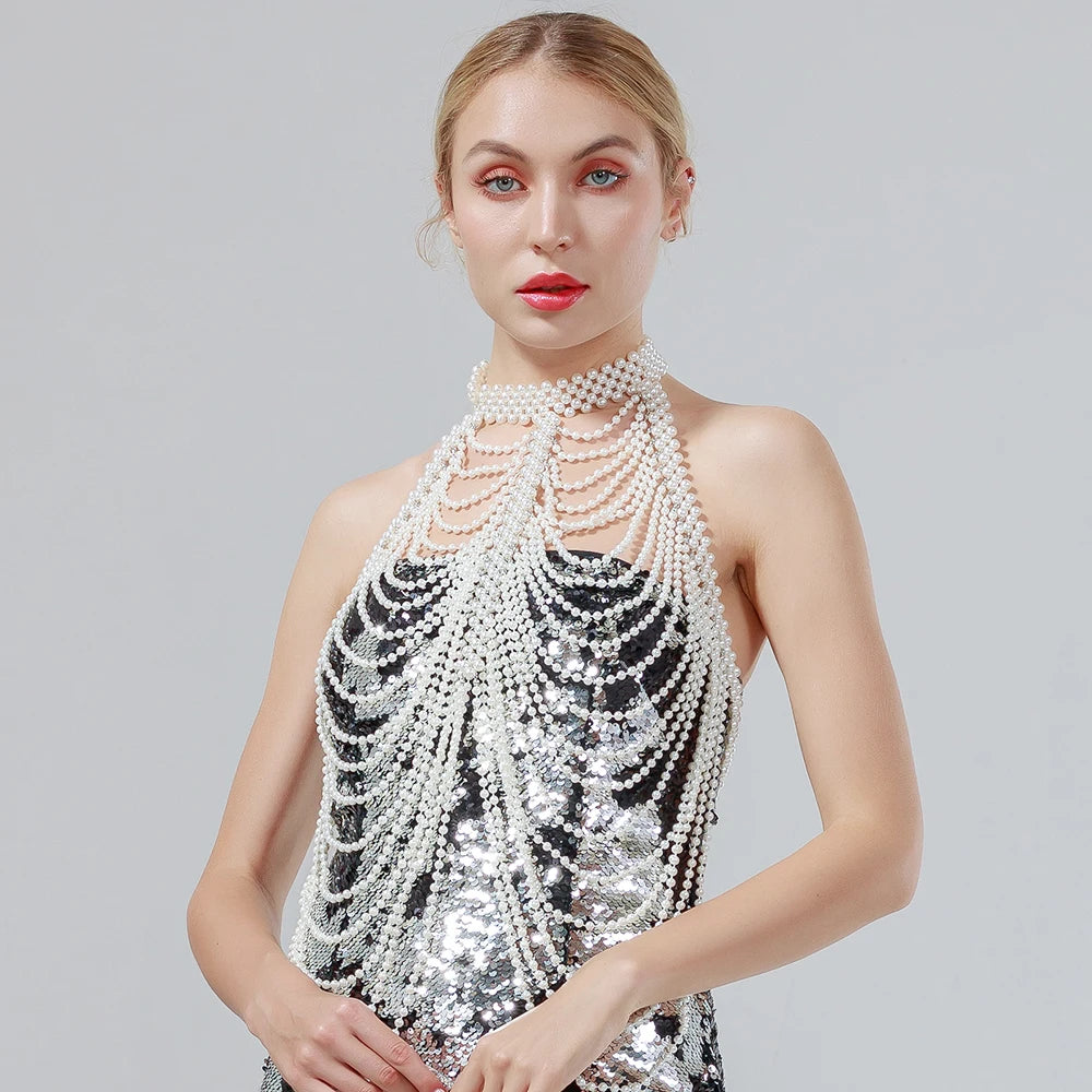 Ccbodily Pearl Shawl Necklaces Sweater Chain For Wedding