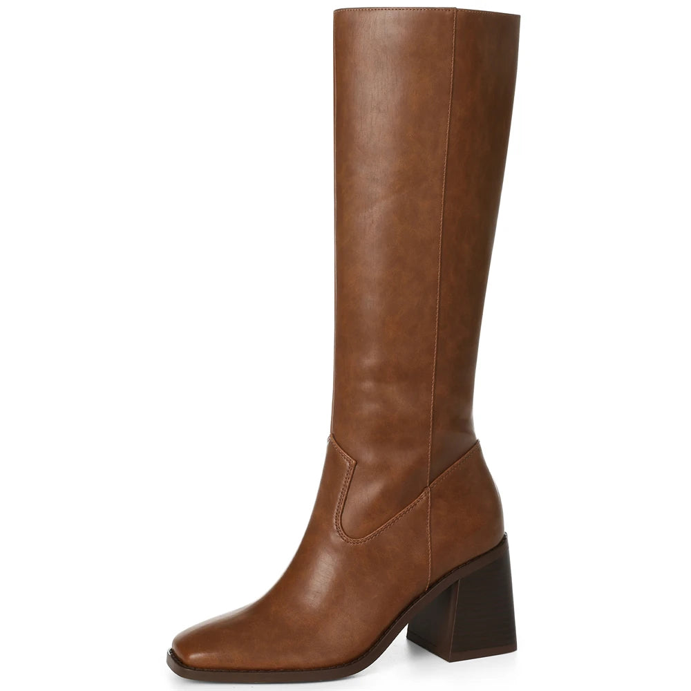 DoraTasia Women Knee High Boots Square Toe Chunky Heel Motorcycle