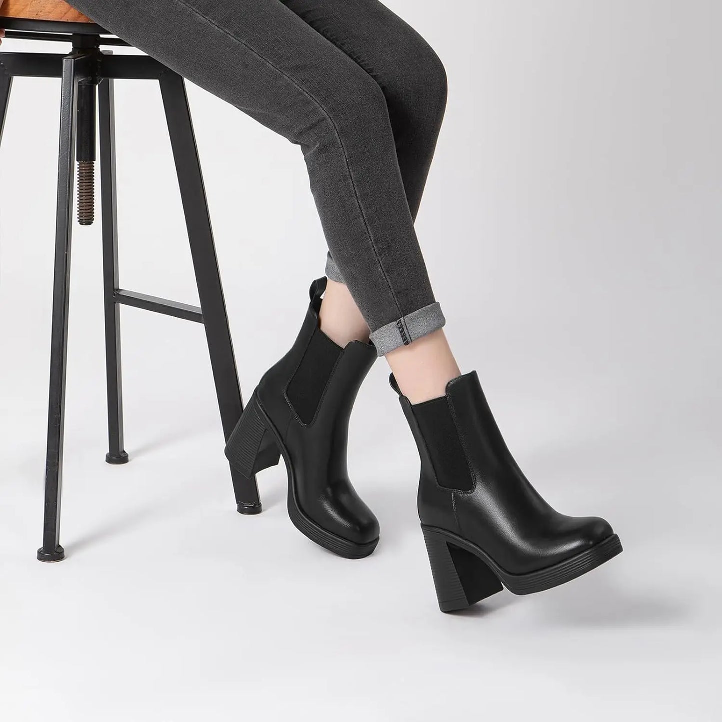 Athlefit Womens Chelsea Platform Boots High Chunky Heel Square Toe