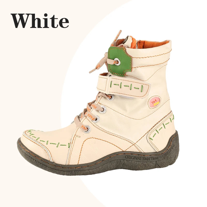 TMA EYES Women's Winter Leather Boots Slip-On Plush Lining