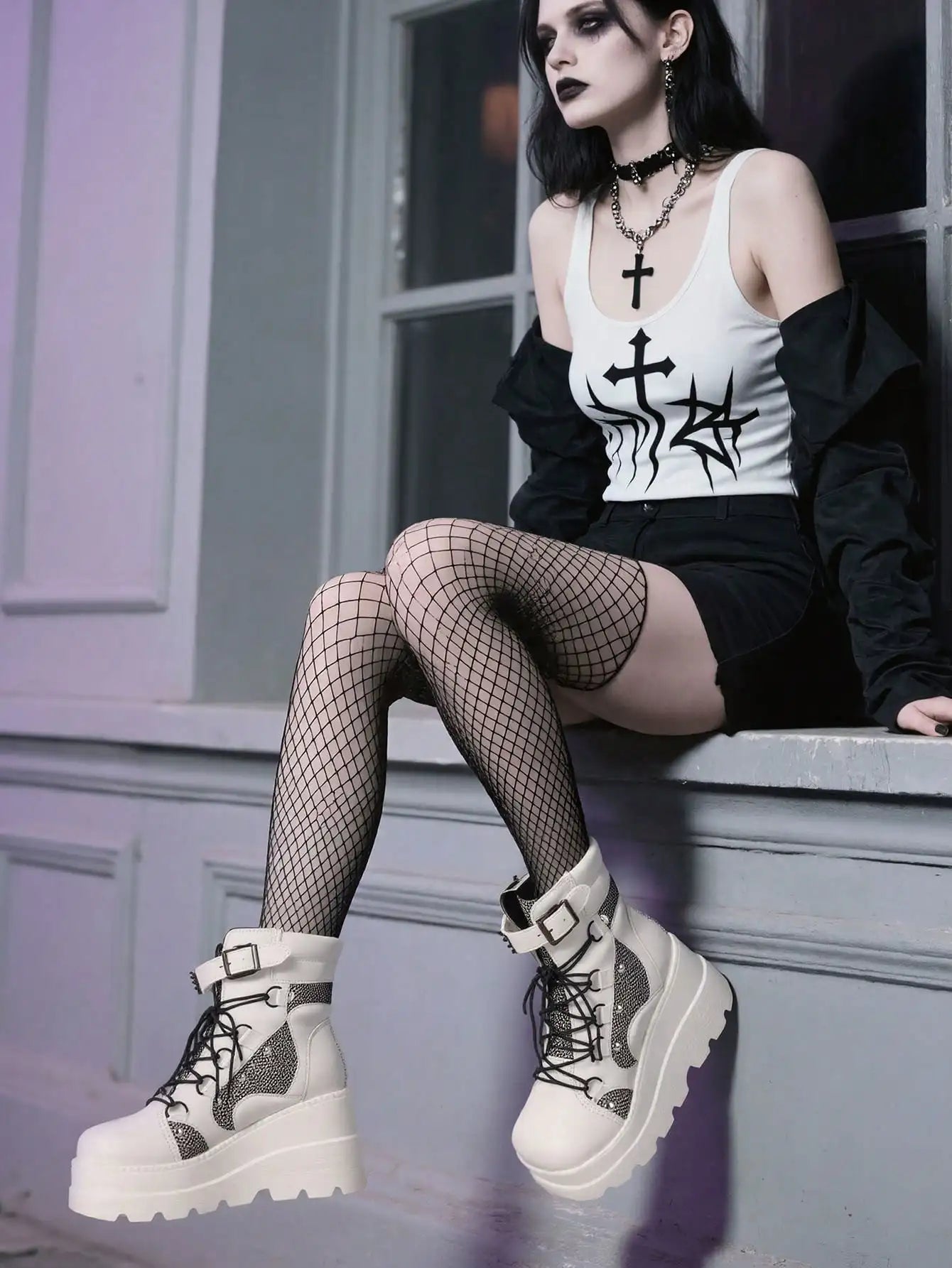 Gothic Platform Combat Boots Wedge Heel Ankle Lace Up