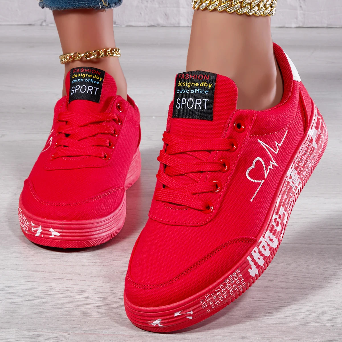 Heart Design Women's Lace Up Sneakers Soft Sole Platform Shoes