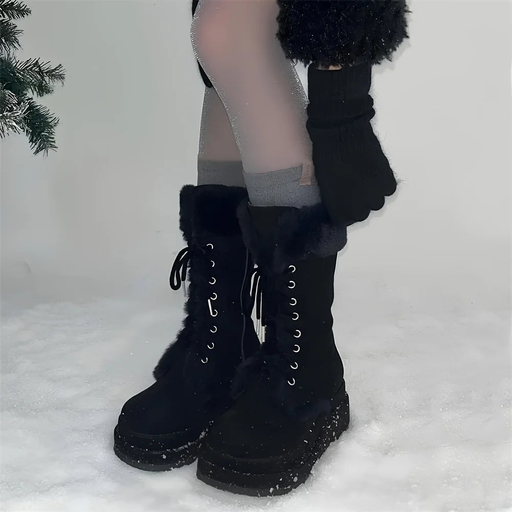 Winter Faux Fur Mid Calf Snow Boots Lace Up Wedges