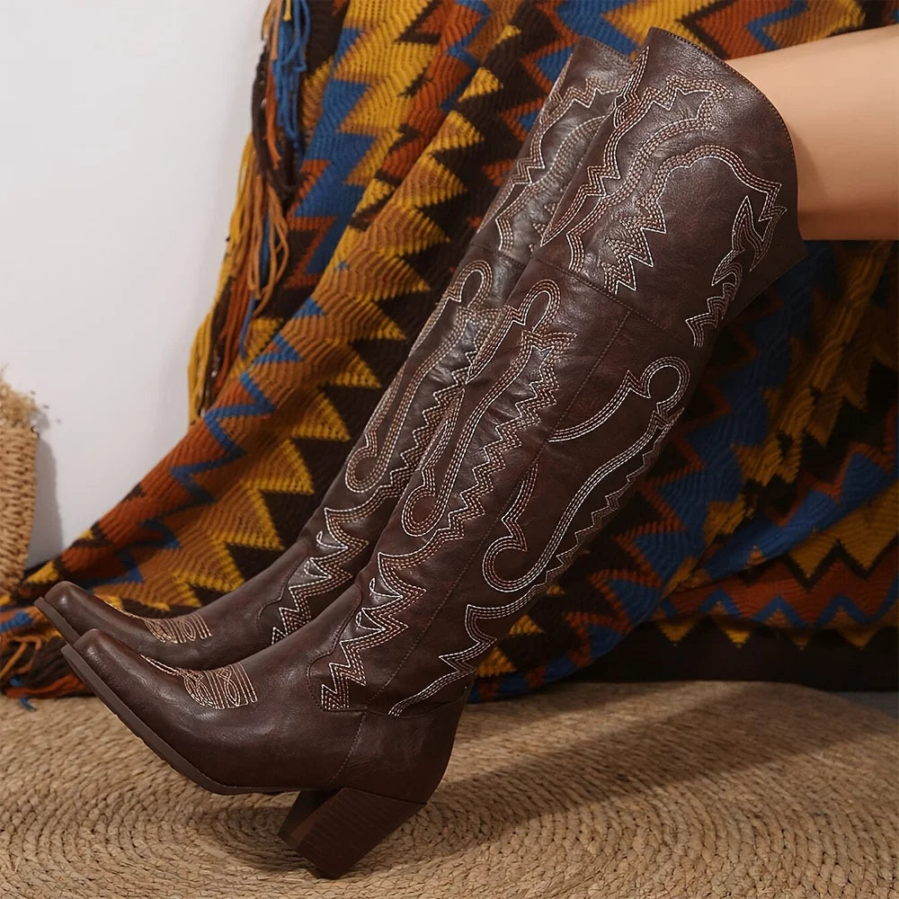 Western Embroidered Cowgirl Boots For Women With Pointed Toe