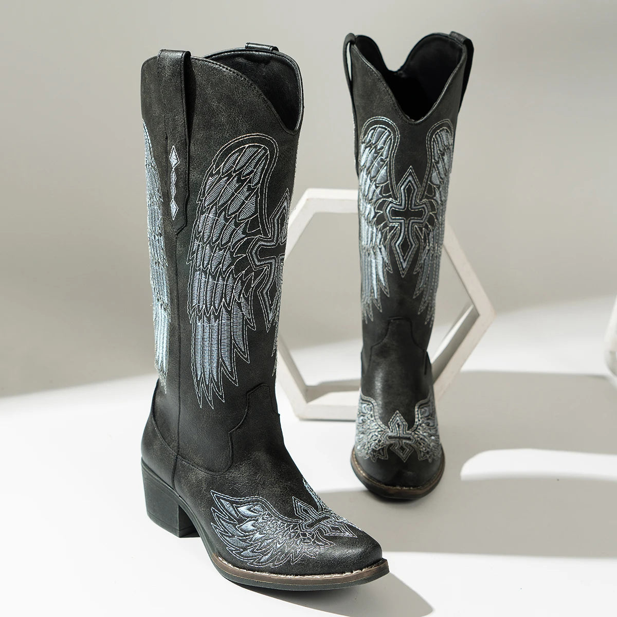 Chic Womens Embroidered Western Cowboy Boots Angel Wings Design