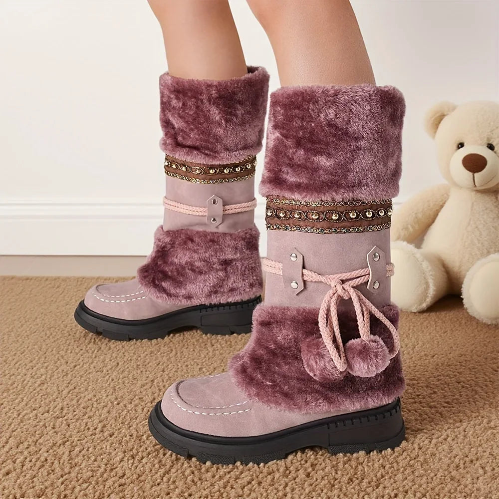 Womens Winter Faux Fur Lining Knee High Snow Boots Platform Heels
