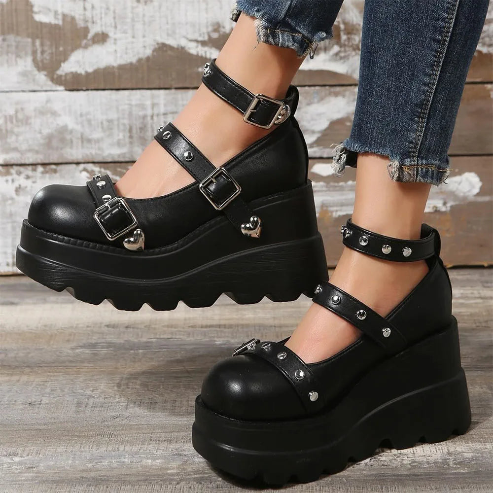 DoraTasia Retro Studded Punk Mary Jane Pumps for Nightclub