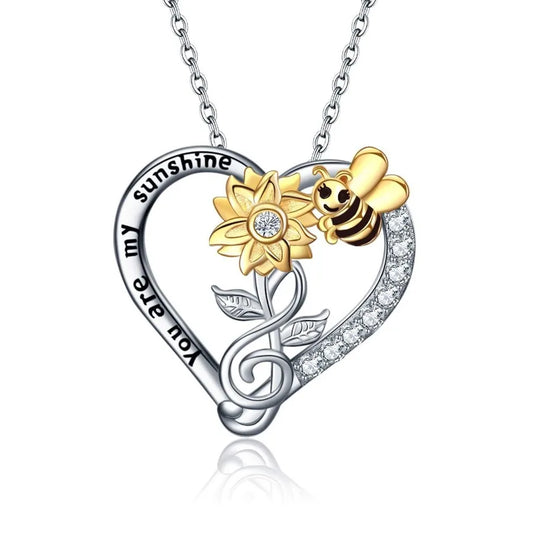 Silver Plated Rhinestone Heart Sunflower Bee Necklace Gift