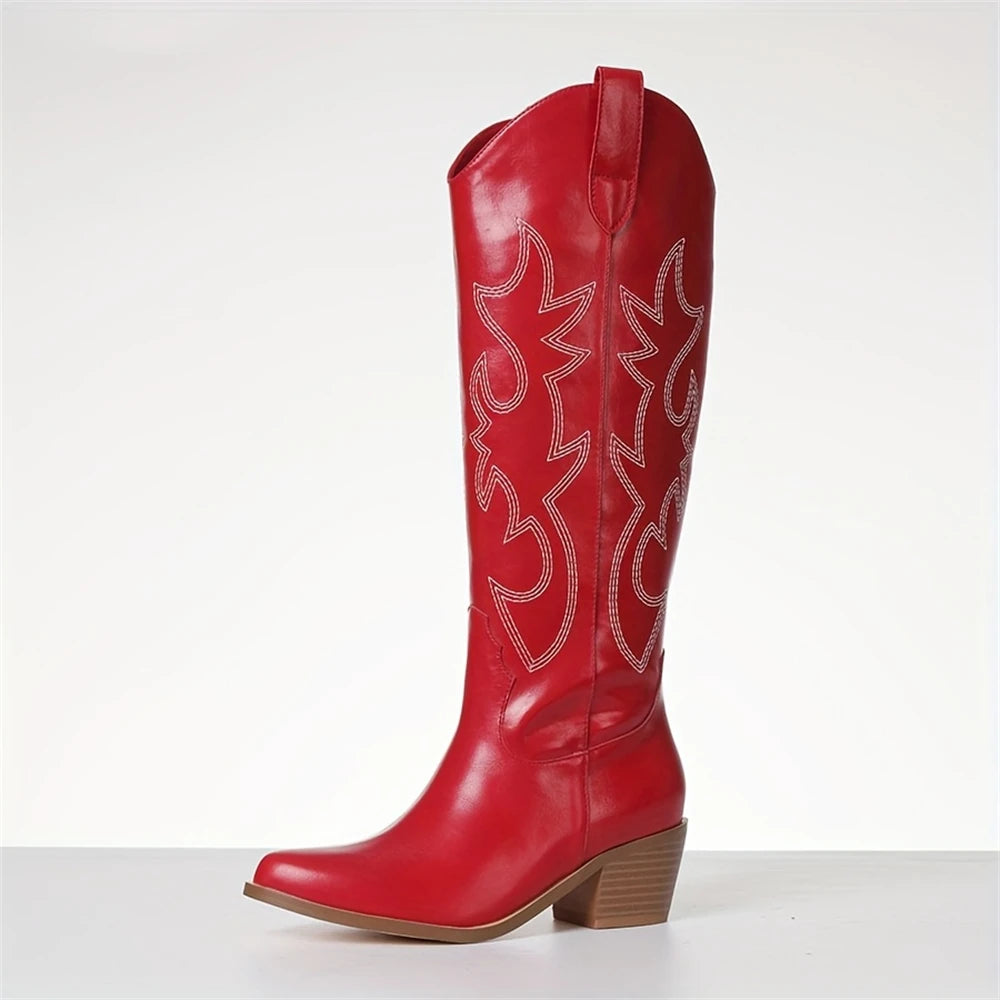 Western Cowgirl Embroidered Knee-High Boots For Women Slip-On