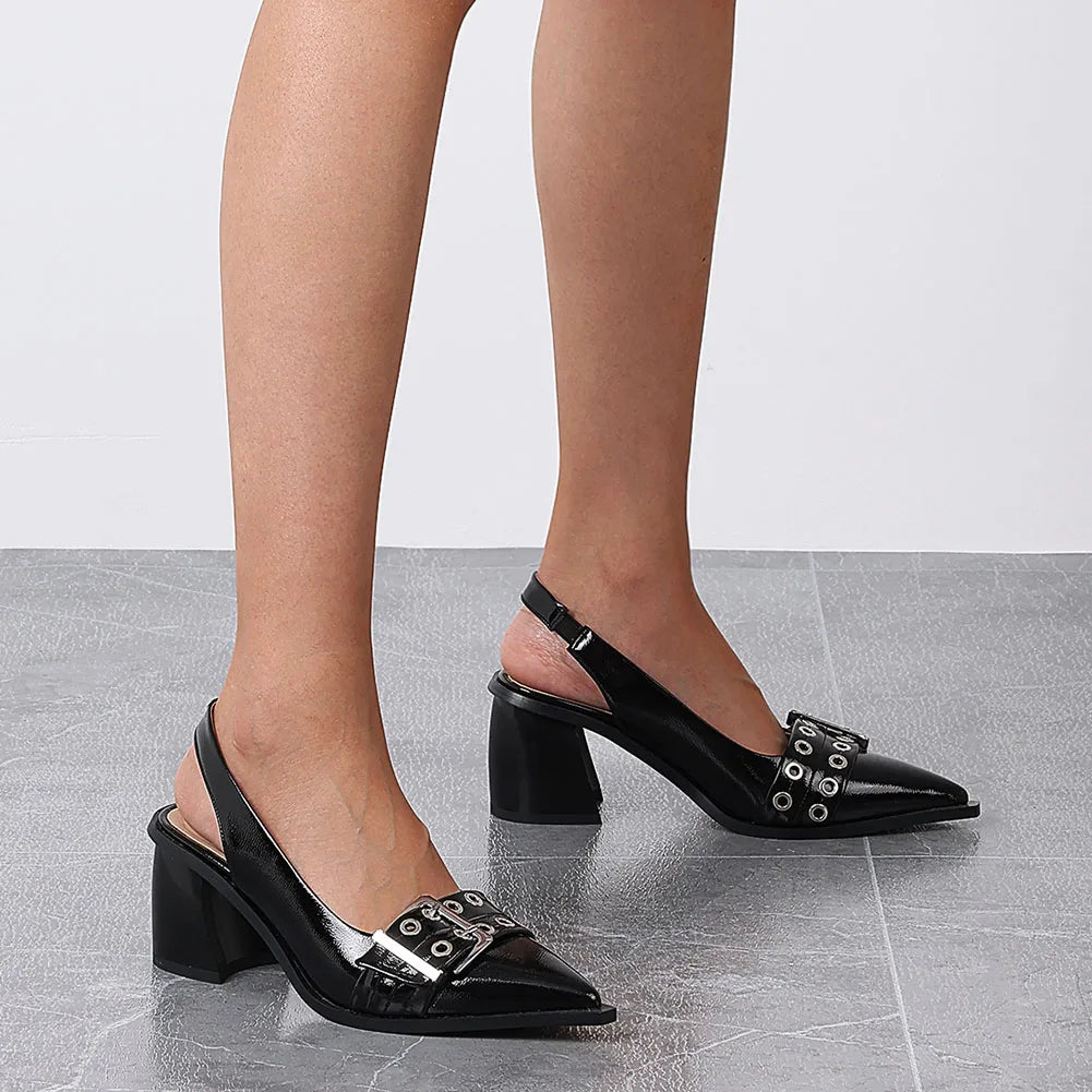DoraTasia Women Slingback Heels Buckle Strap Pointed Toe Pumps