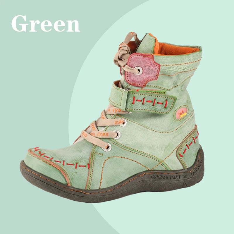 TMA EYES Women's Winter Leather Boots Slip-On Plush Lining