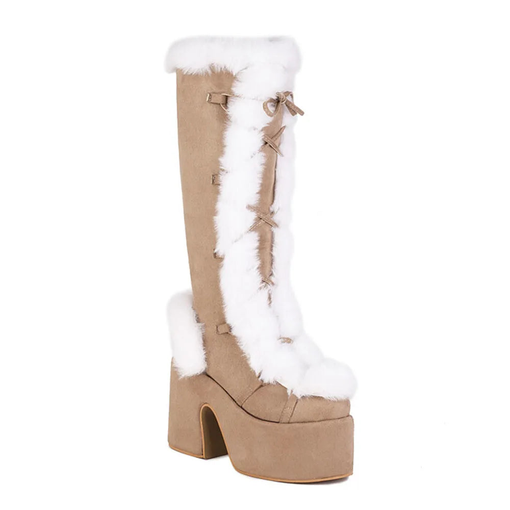 Gigifox Fur Super Chunky Platform Boots Lace-Up For Women