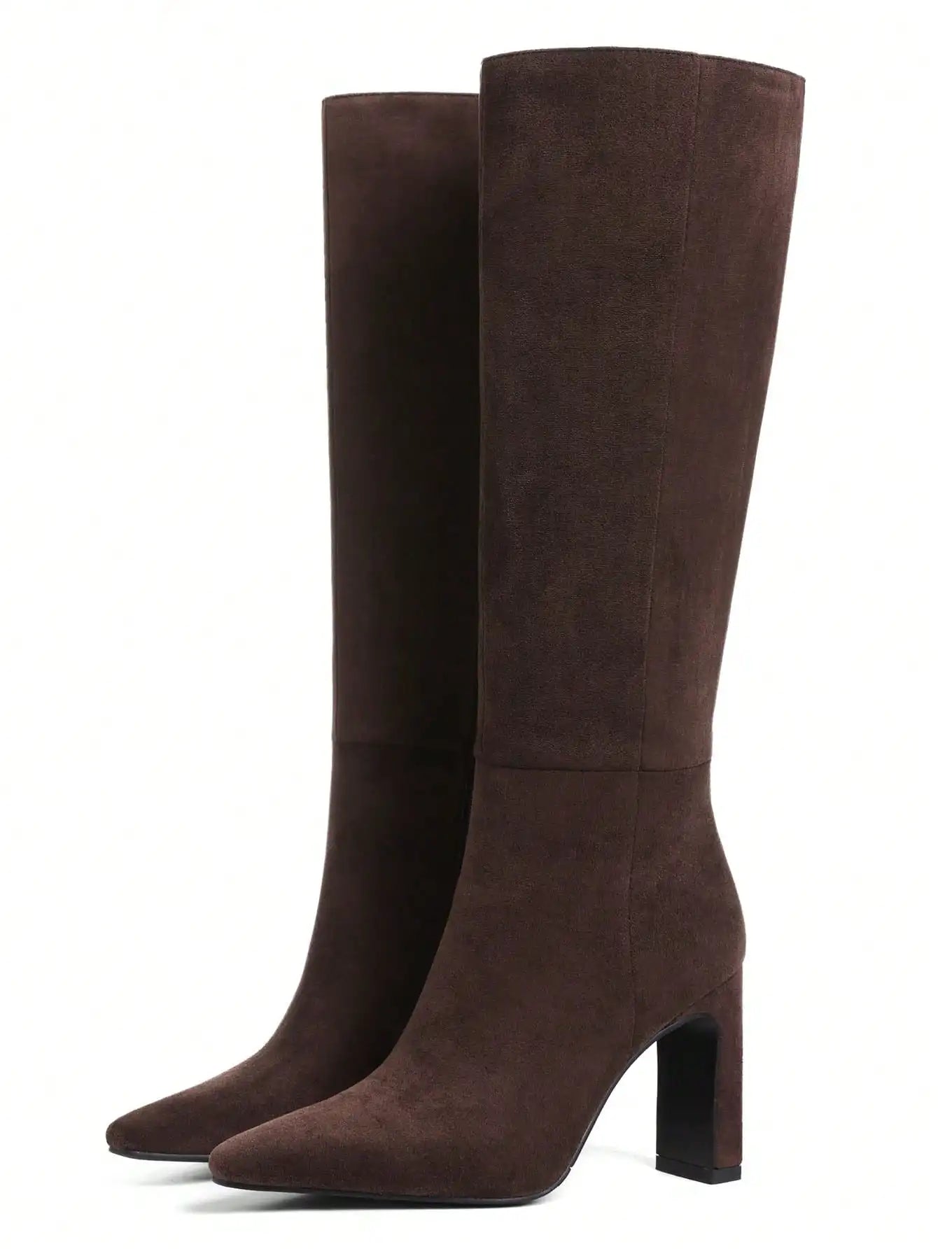 Knee High Boots Flock Zip Square Toe Chunky Heels Women