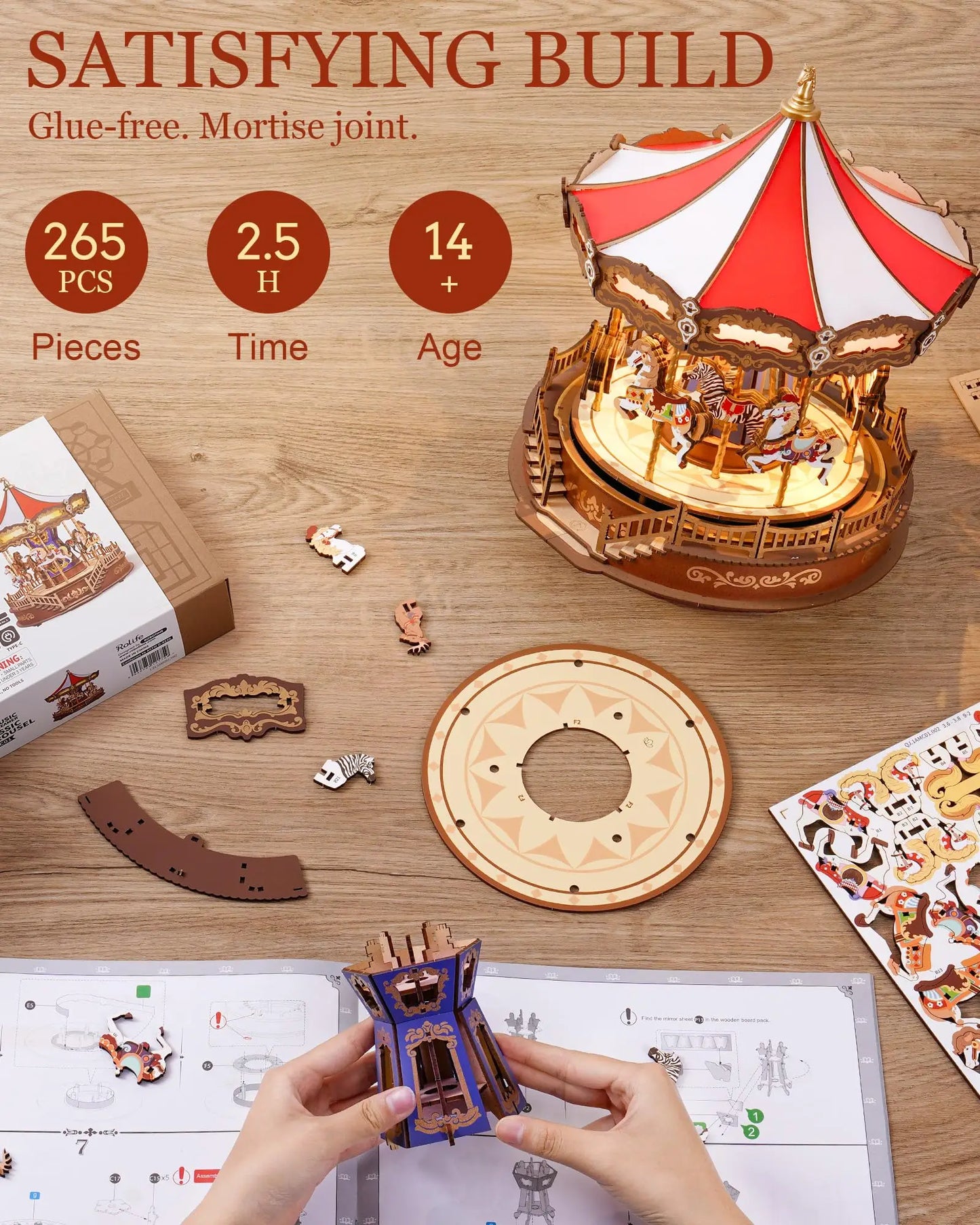 Robotime Rolife Carousel Music Box 3D Puzzle With Light