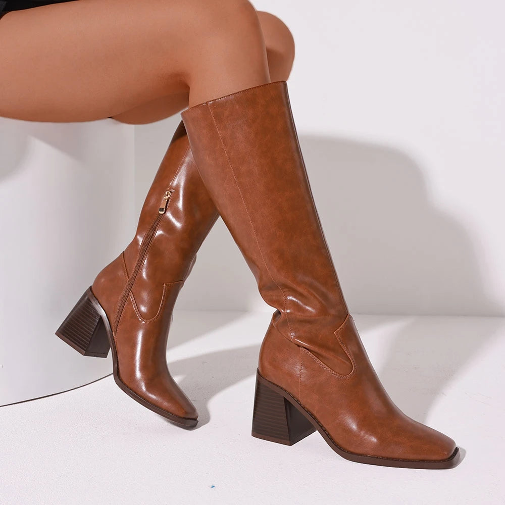 DoraTasia Women Knee High Boots Square Toe Chunky Heel Motorcycle