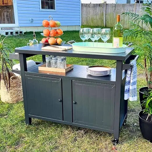 DAFIFY Metal Outdoor Grill Cart With Wheels And Storage Cabinet