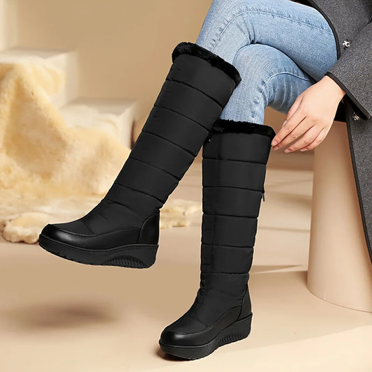 Womens Faux Fur Winter Snow Boots Waterproof Knee High Wedges