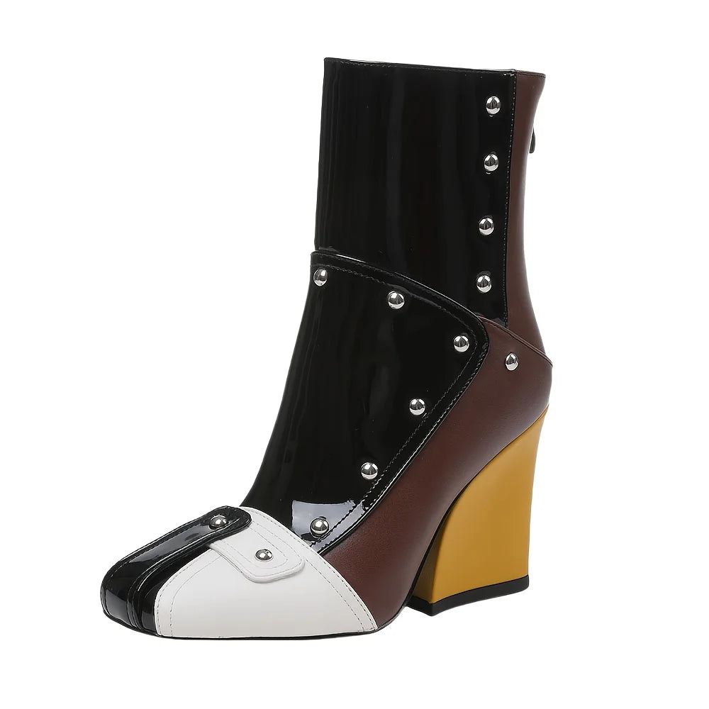 Womens Punk Patchwork Rivet Square Toe Ankle Boots Back Zipper