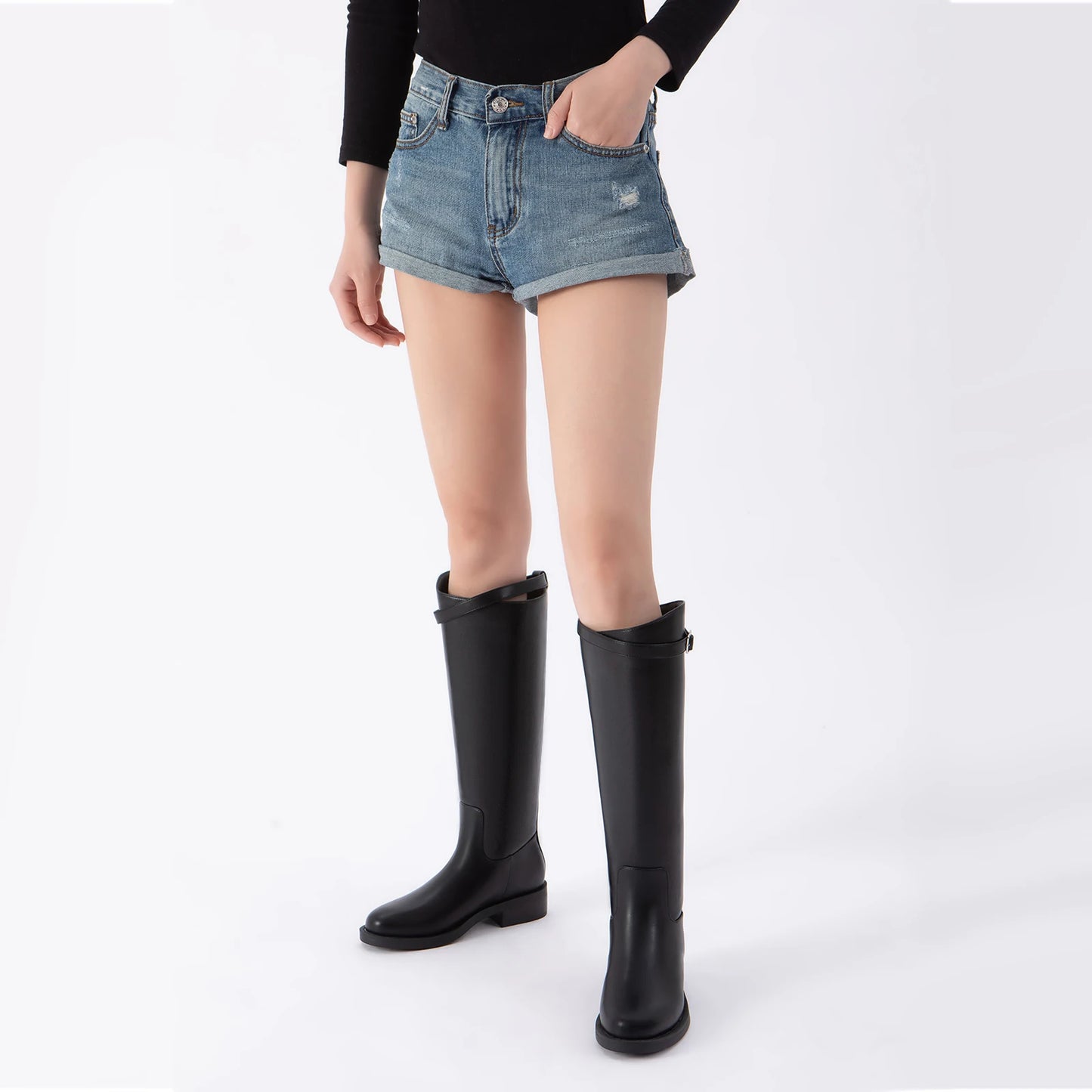 Athlefit Women's Knee High Riding Boots Round Toe Buckle