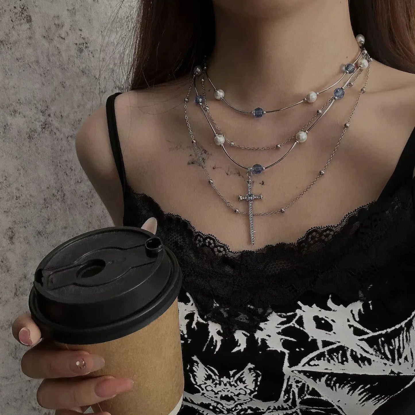 Multilayer Cross Pendant Pearl Chain Necklace For Women
