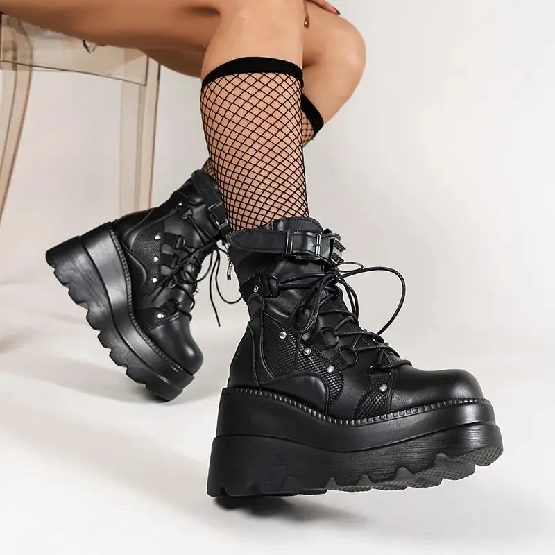 GIGIFOXCN Women Goth Wedge Combat Ankle Boots Buckle Lace Up Zipper Shoes