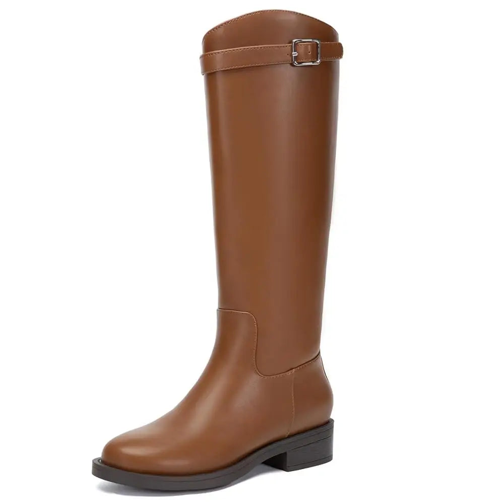 Athlefit Women's Knee High Riding Boots Round Toe Buckle
