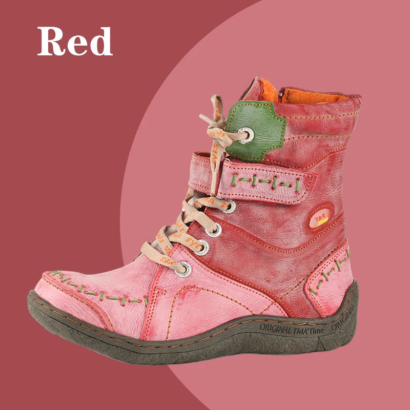 TMA EYES Women's Winter Leather Boots Slip-On Plush Lining