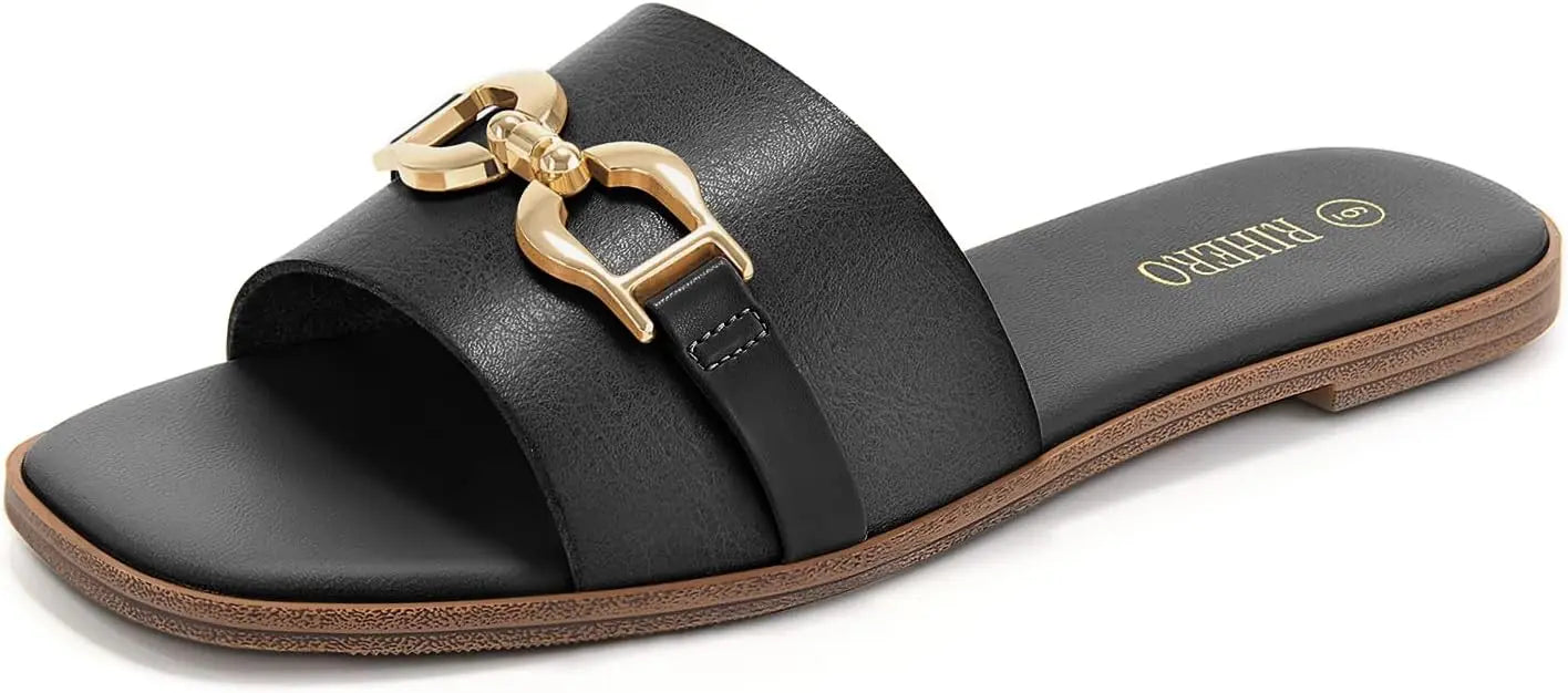 CN Fujian Womens Leather Flat Sandals Memory Foam Insole
