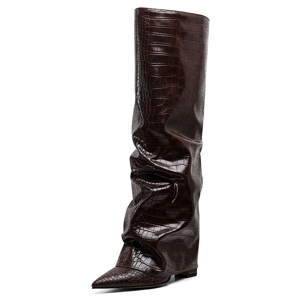 GIGIFOX Knee High Pleated Fold Over Boots For Women High Heel