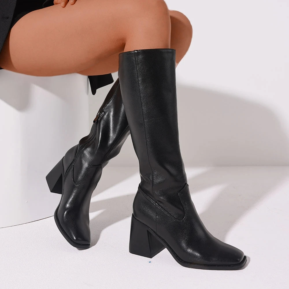 DoraTasia Women Knee High Boots Square Toe Chunky Heel Motorcycle
