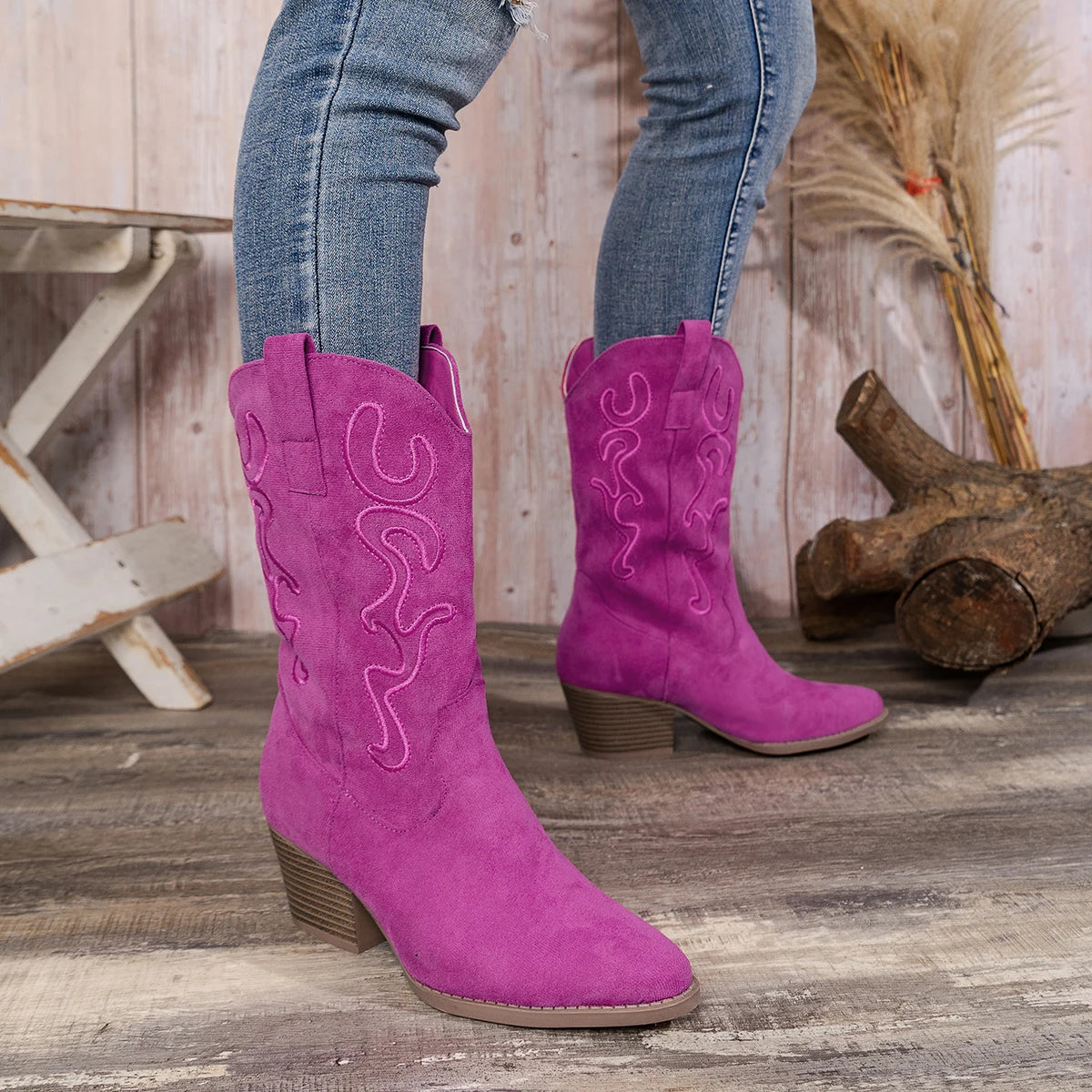 Velvet Embroidered Western Boots For Women Slip On Mid Calf