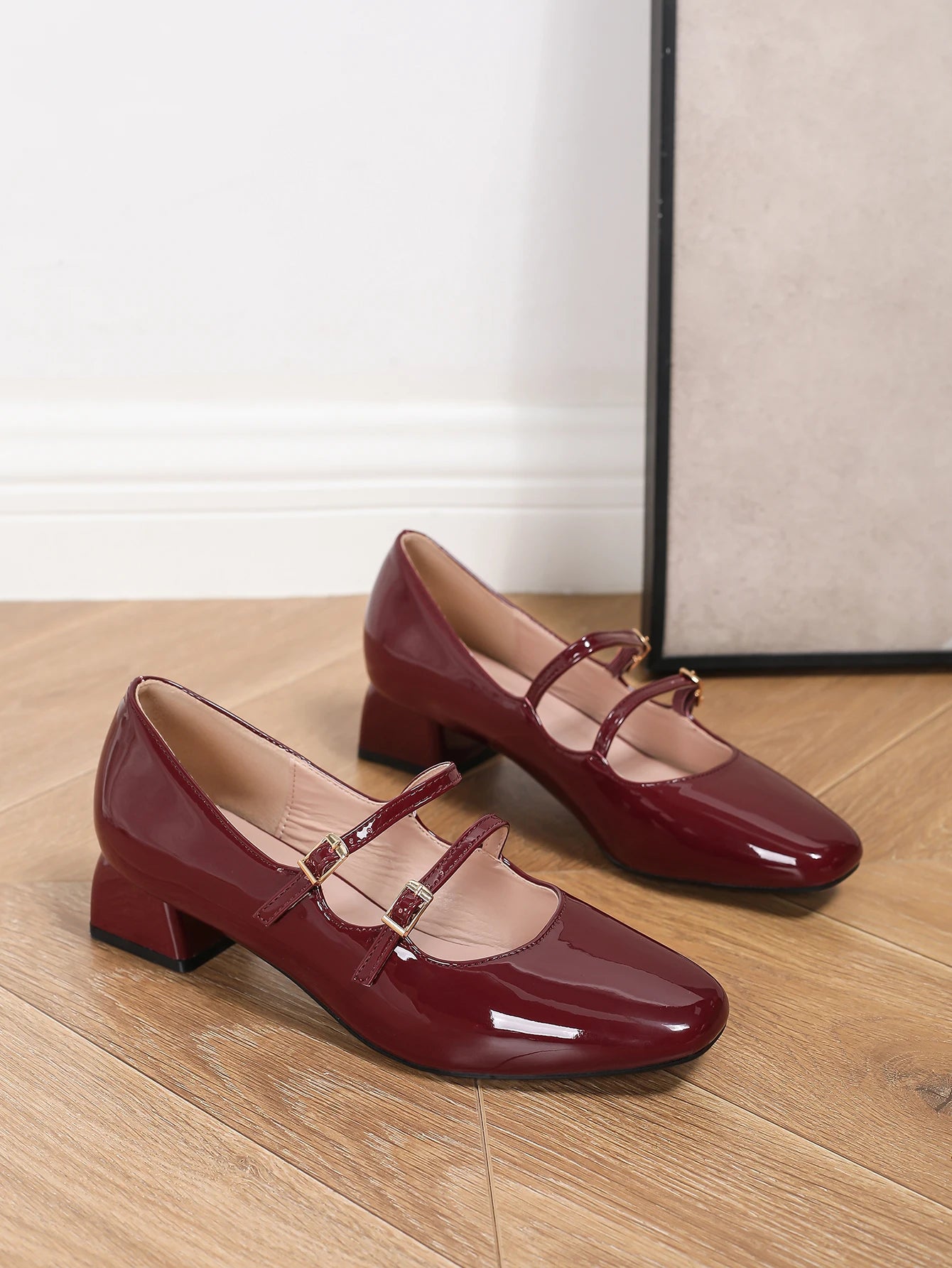 Women Leather Mary Jane Pumps With Thick Square Heel