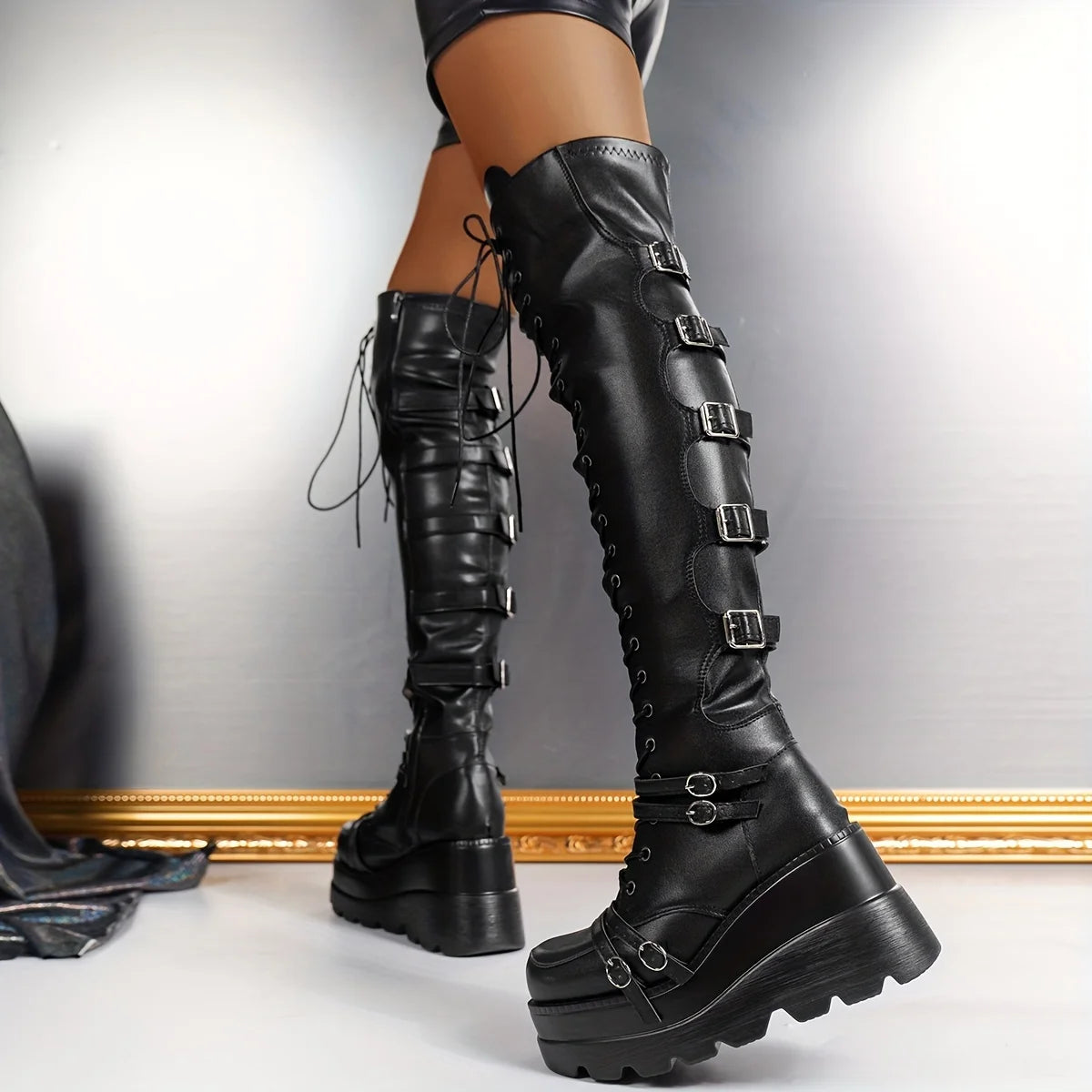 Womens Gothic Punk Thigh High Boots With Zipper Wedges