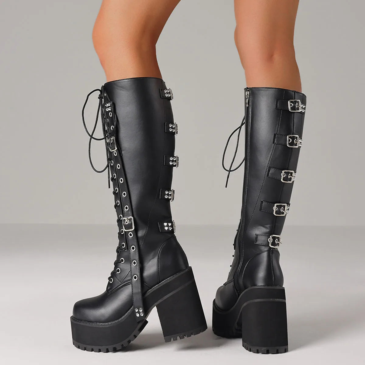 Punk Gothic Women Motorcycle Boots Buckle and Lace Platform