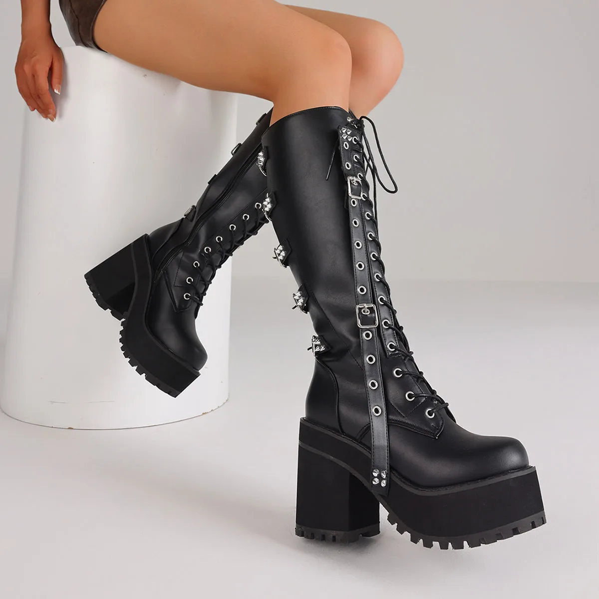 Punk Gothic Women Motorcycle Boots Buckle and Lace Platform