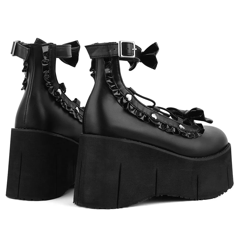 GIGIFOX Lolita Punk Butterfly Knot Platform Wedge Mary Jane Pumps